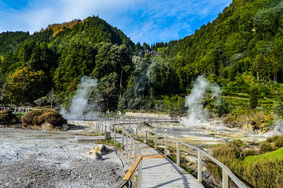 The Furnas Hot Springs under the clear blue sky