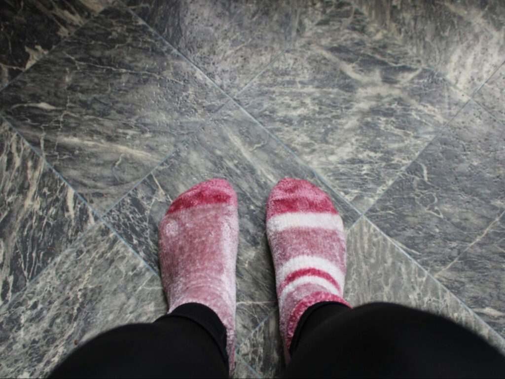 Dr. Scholls fuzzy socks for a flight