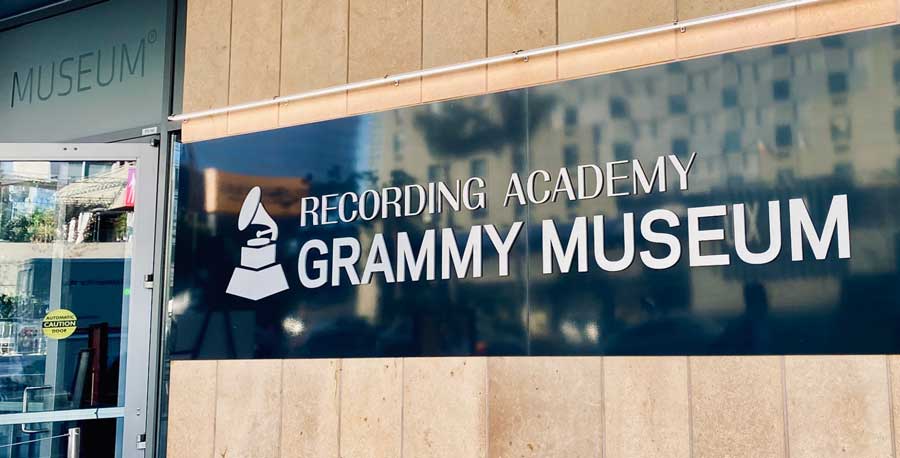 View of the sign at the entrance to the GRAMMY Museum