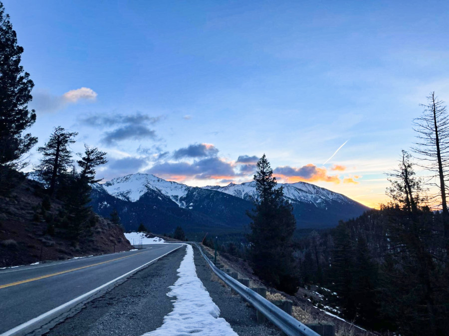 Scenic view of the sunrise at the snowy Galena Summit from the road