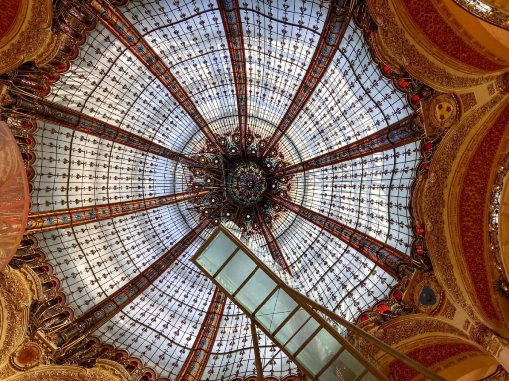 View of a ceiling inside the Galeries Lafayette