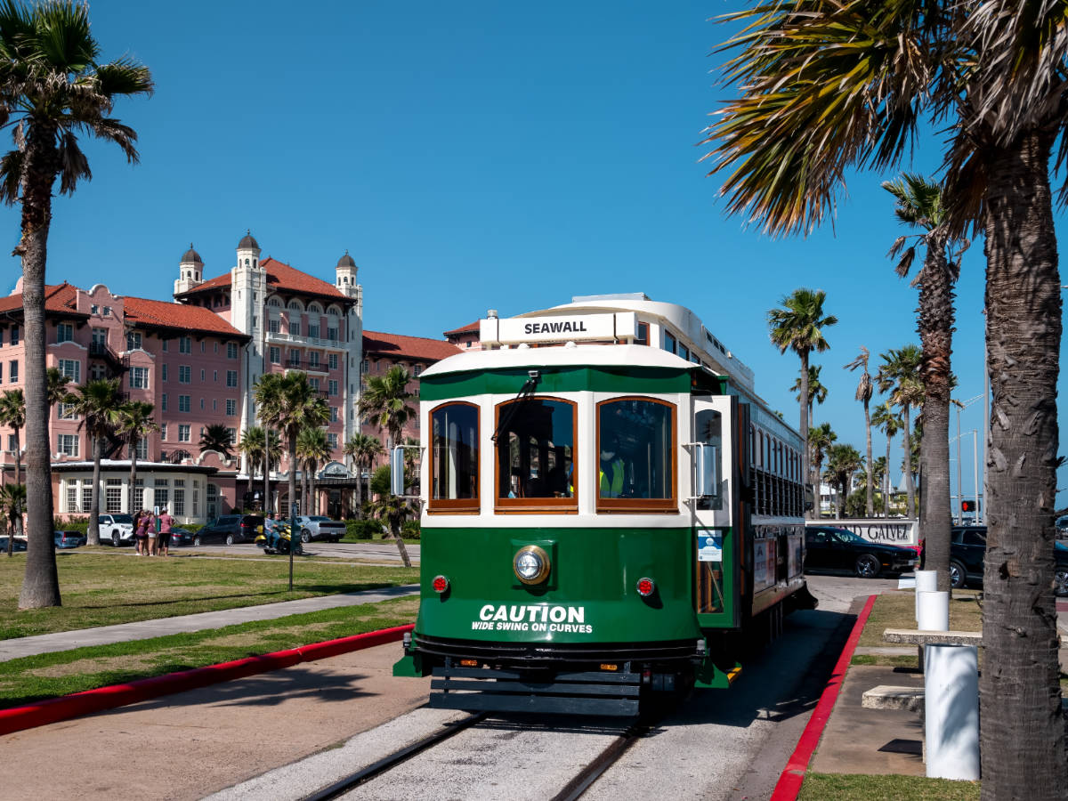 Clear blue sky over the Galveston Island Trolley Streetcar