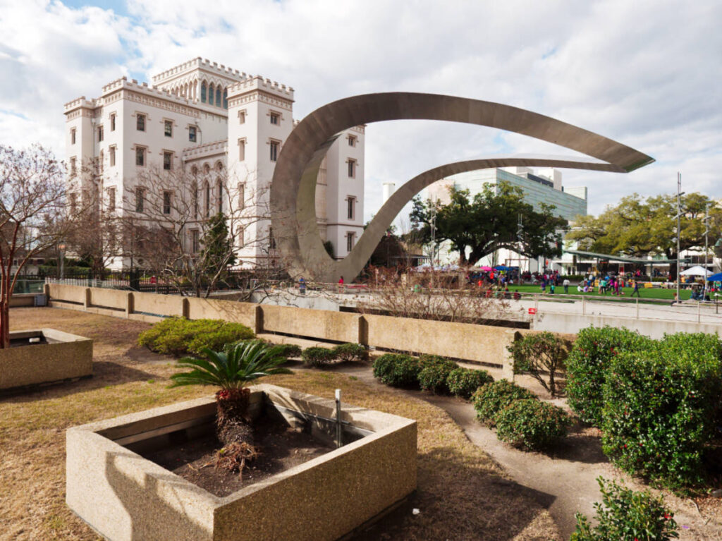View of the Galvez Plaza Stage with the Old State Capitol in the background.