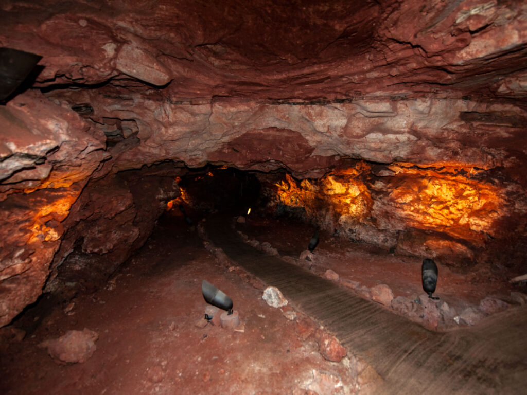 Lights along the route point to various cave formations at Wind Cave National Park