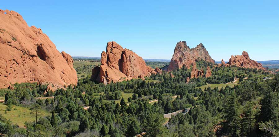 The Garden of the Gods under the clear blue sky in Colorado Springs