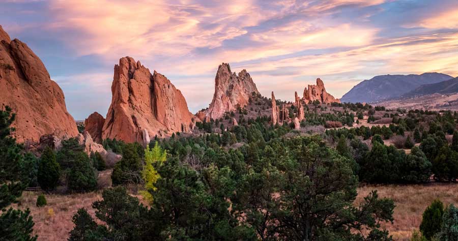 View of the colorful sky over the Garden of the Gods in Colorado