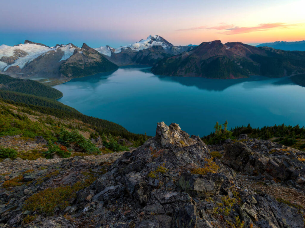 Overlooking view of the Garibaldi Lake during sunset