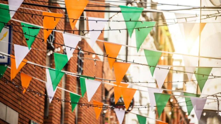 View of the garlands with Irish flag colors in a street in Dublin