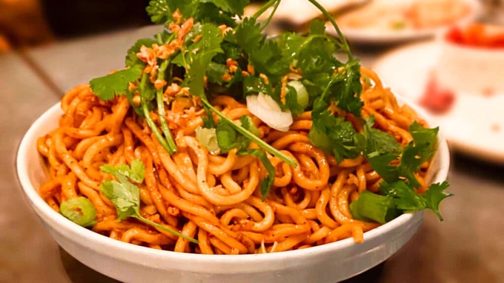Closeup view of the Garlic Noodles from Little Sister