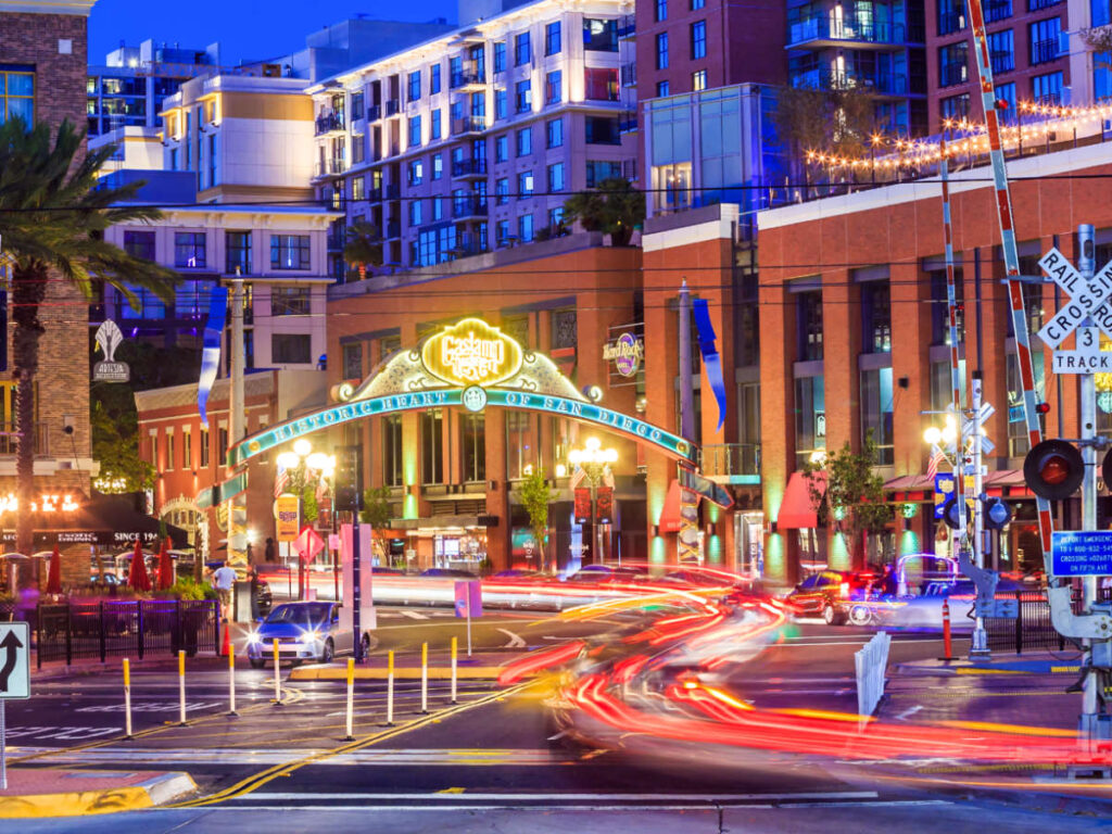 View of the colorful city lights at the Gaslamp Quarter at night