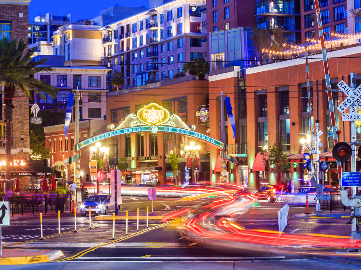 View of the colorful city lights at the Gaslamp Quarter at night