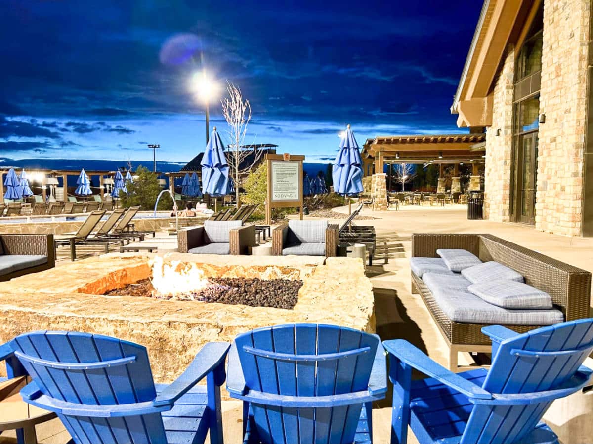A firepit at the outdoor seating area of Gaylord Rockies Resort & Convention Center 