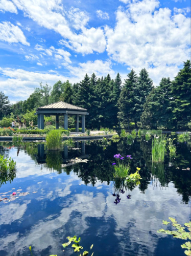 A gazebo in the middle of the lake at Denver Botanic Gardens
