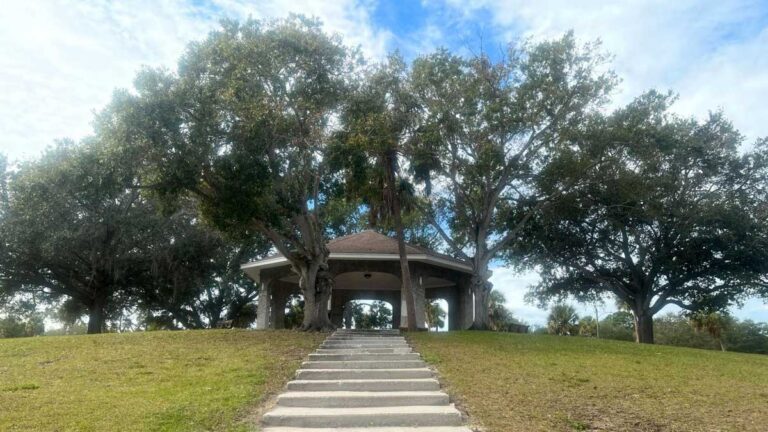 A gazebo under the clear blue sky in MacFarlane Park