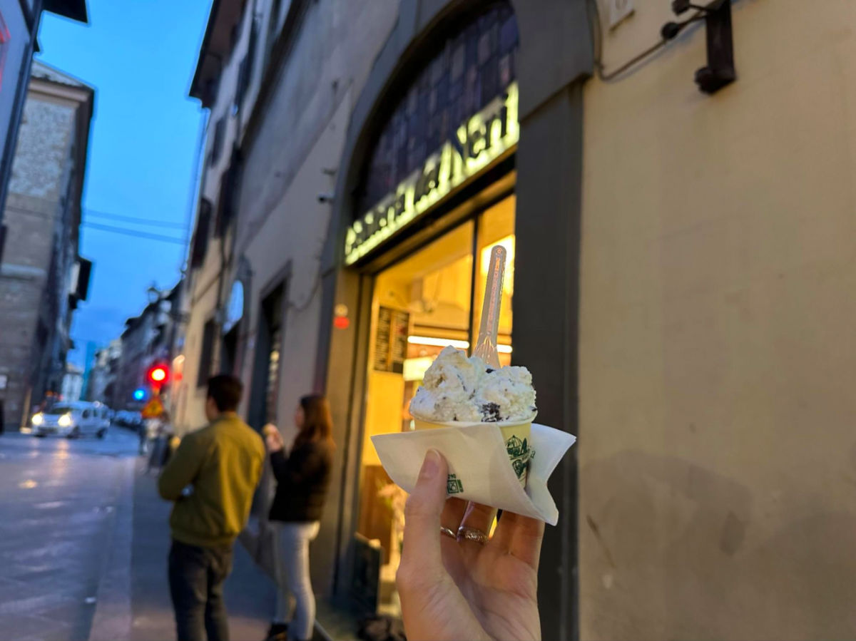 Holding a cup of tracciatella gelato in Gelateria dei Neri