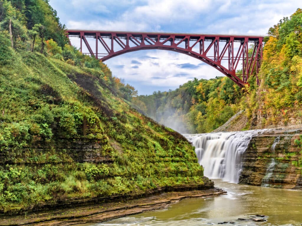 The red Genesee Arch Bridge over the Letchworth State Park
