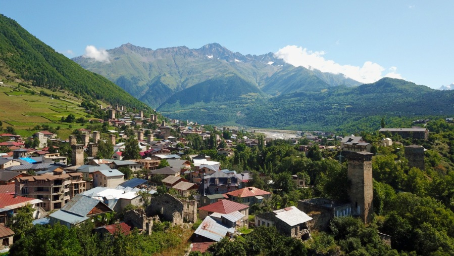 Aerial view of the town of Mestia with mountain views