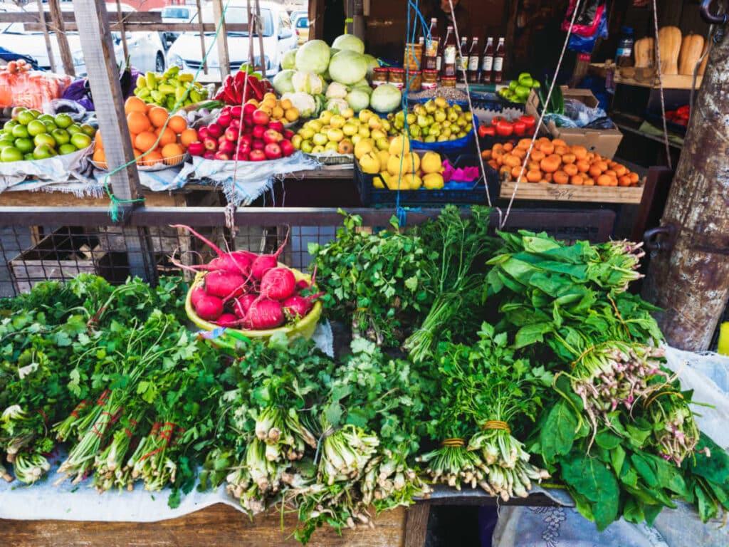 View of the colorful fruits and green leafy vegetables displayed at the Georgian Farmer’s Markets