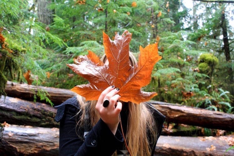 Taylor holds a large orange leaf over her face in Cathedral Grove, Vancouver Island