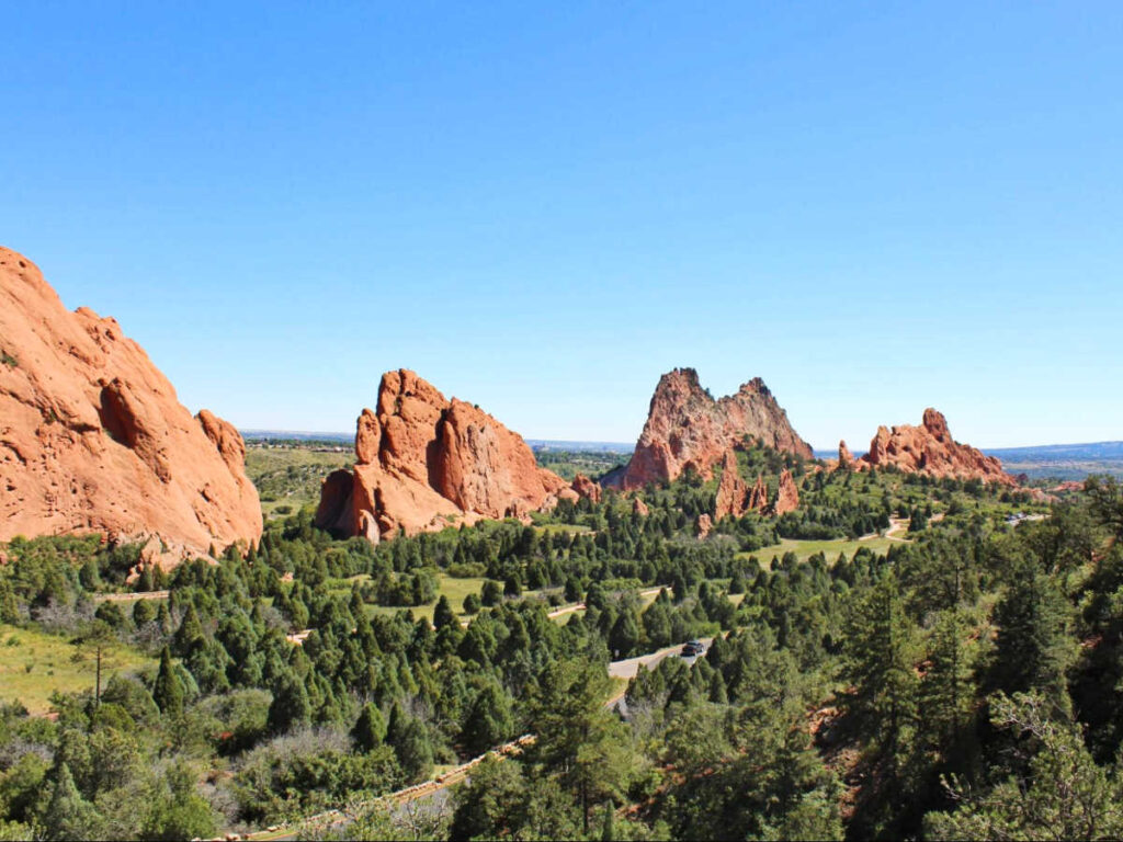 Scenic aerial views of the giant red rocks at Garden of the Gods