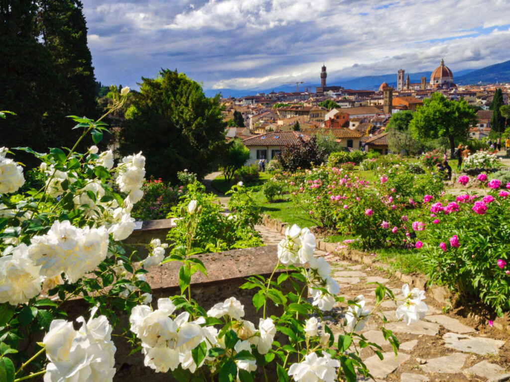 View of the blooming colorful flowers at Giardino delle Rose on a sunny day