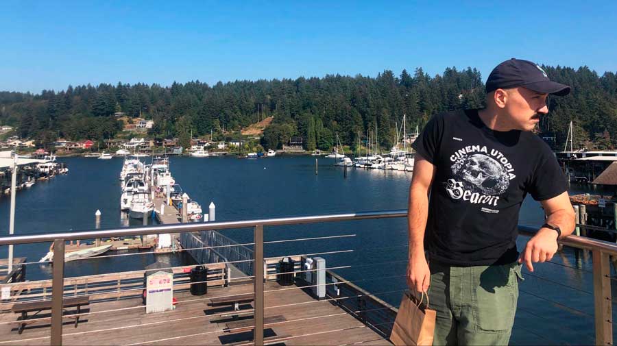 The author's husband admiring the view in Gig Harbor