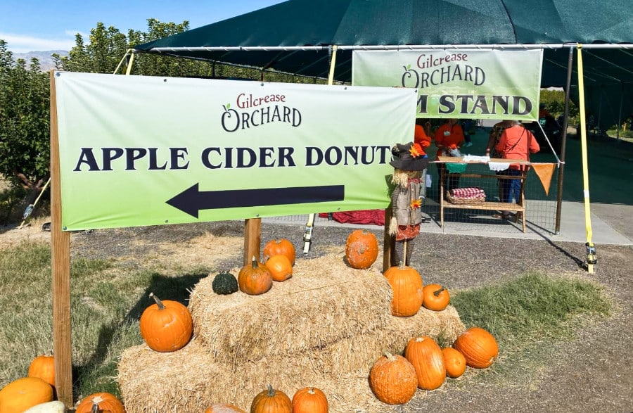 Pumpkins and stack of hay below the Gilcrease Orchard sign in Las Vegas