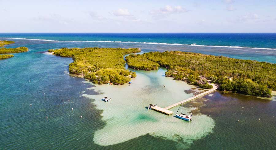 Aerial view of the blue water in Giligan Island