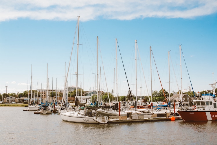 Sailboats rest in the Marina of Gimli, Manitoba