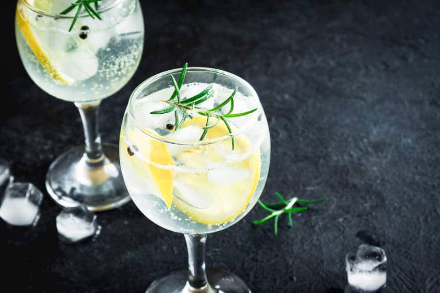 Two glasses of Gin & Tonic with lemon, rosemary and ice
