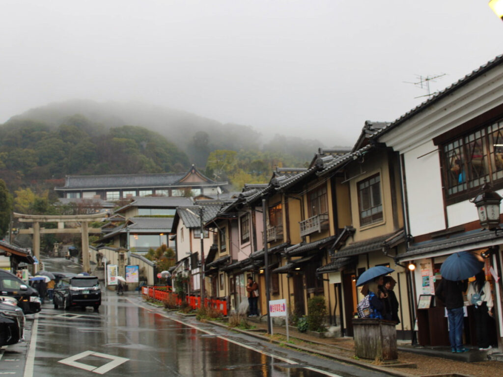 Rain-soaked street in Gion, Kyoto on a rainy and foggy day