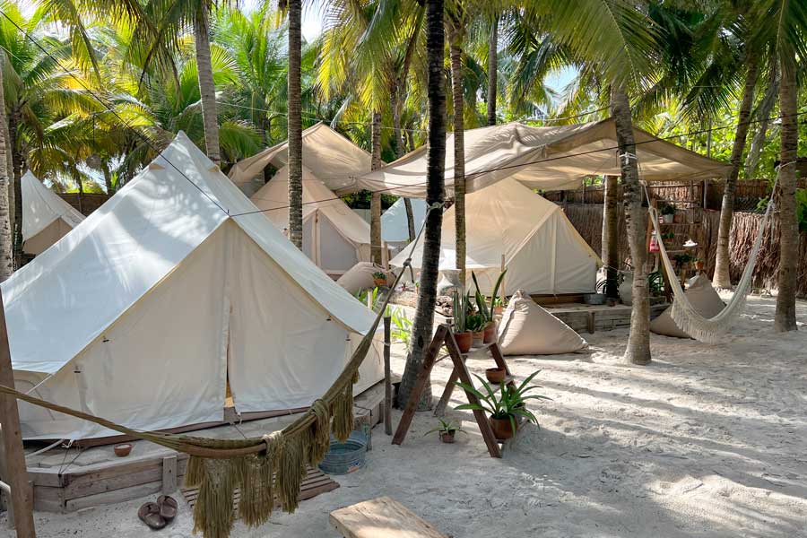 View of glamping tents in Cinco Tulum