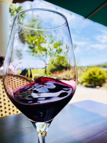Closeup view of the Francis Coppola Reserve Petit Sirah on a wine glass
