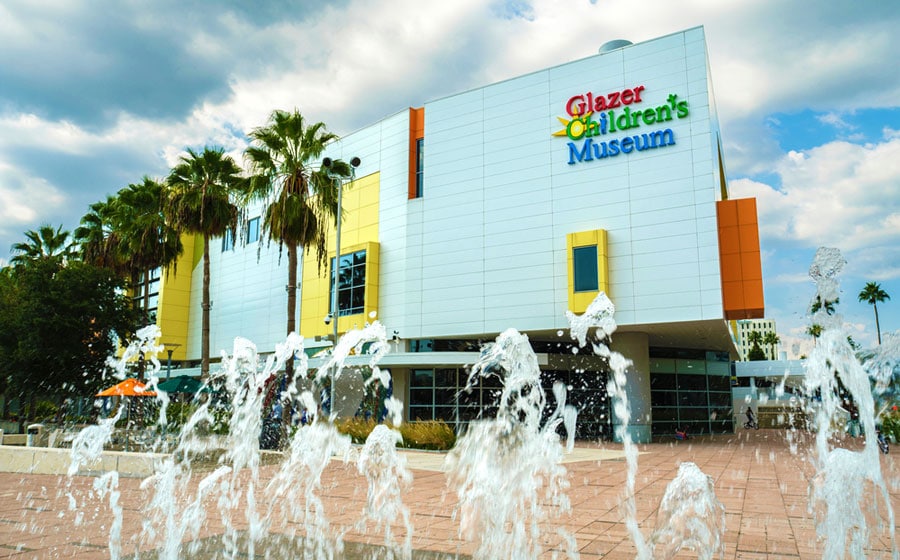 View of the Glazer Children's Museum and the water fountains in front of it