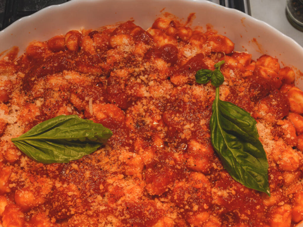 Close-up view of a plate of Gnocchi alla Sorrentina