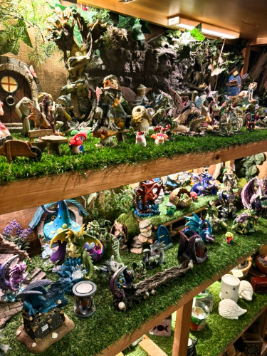 View of the displayed gnome and fairy sculptures for sale