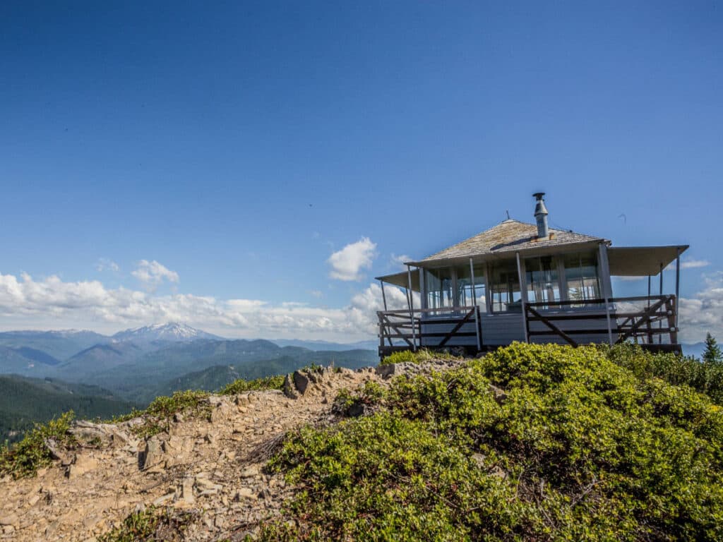 Clear blue sky over the lookout tower in Gold Butte Fire Lookout