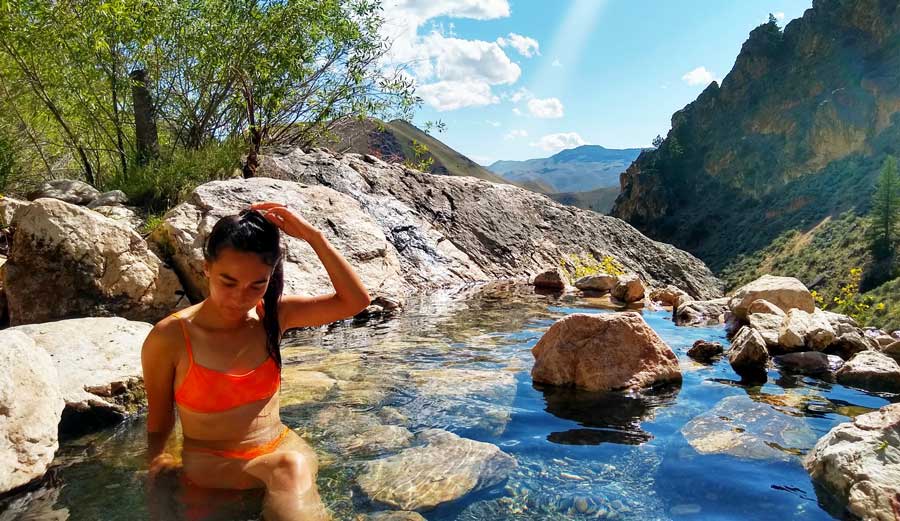 Travel Lemming editor Abigail soak on the Goldbug Hot Springs