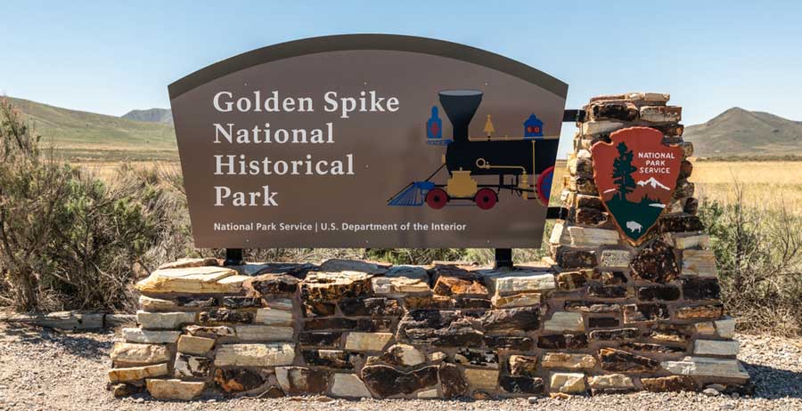 View of the Golden Spike Historical Park signage at the entrance