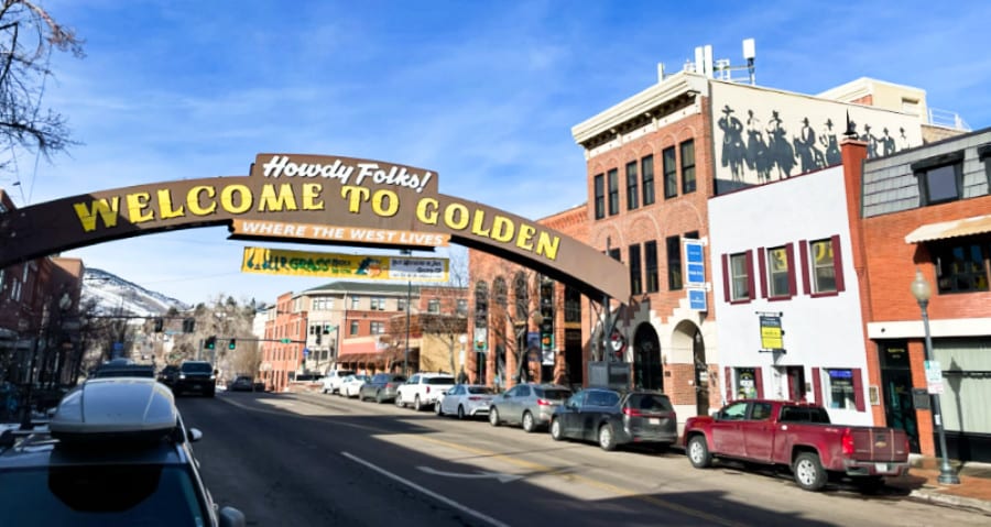 View of the welcome arch entrance sign in Golden