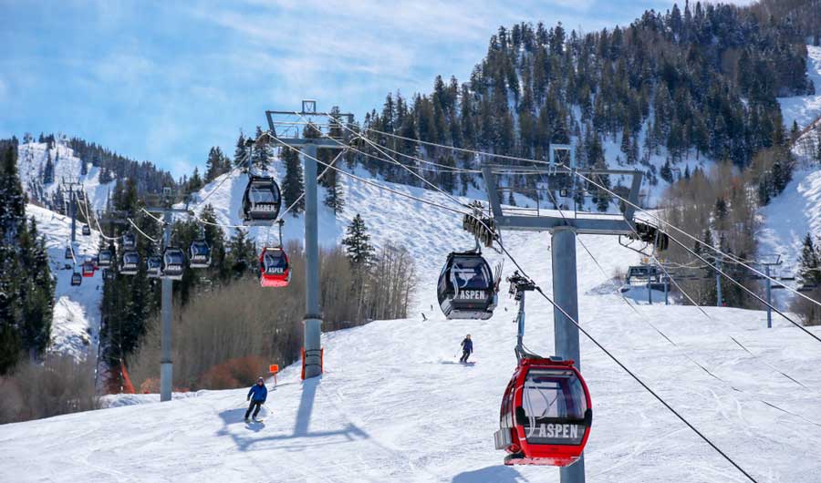 Skiers and gondolas at the Aspen Mountain Ski Resort