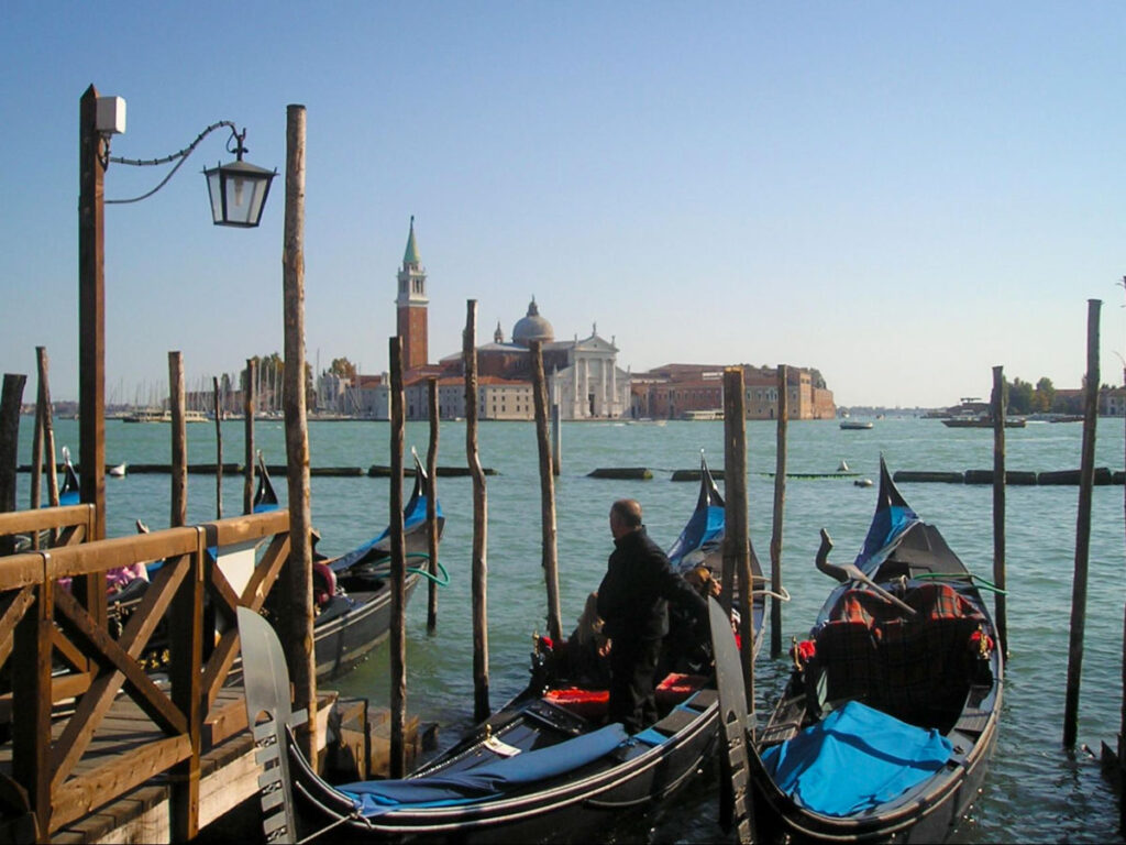 Gondolas parked on the Grand Canal in Venice