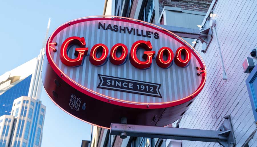 View of the Goo Goo Chocolate Co signage