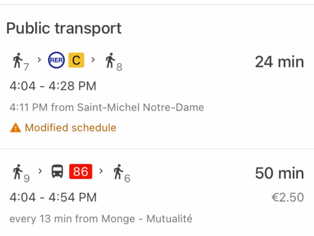 View of a Google Maps' timing prediction
