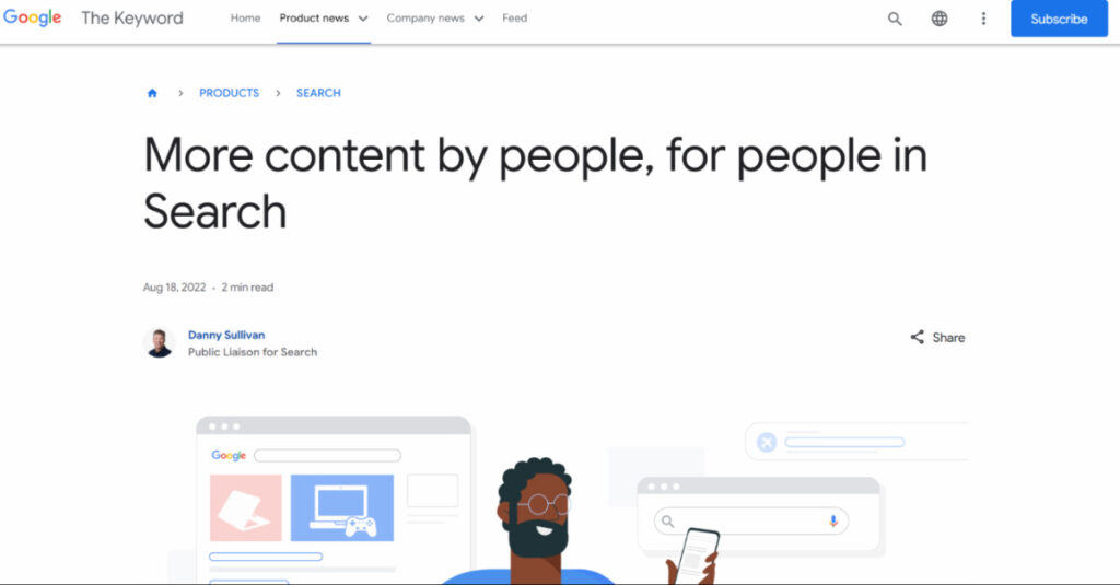 A Google's blog post, titled more content by people, for people in Search