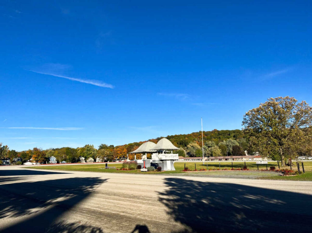The Goshen race track with a clear blue sky