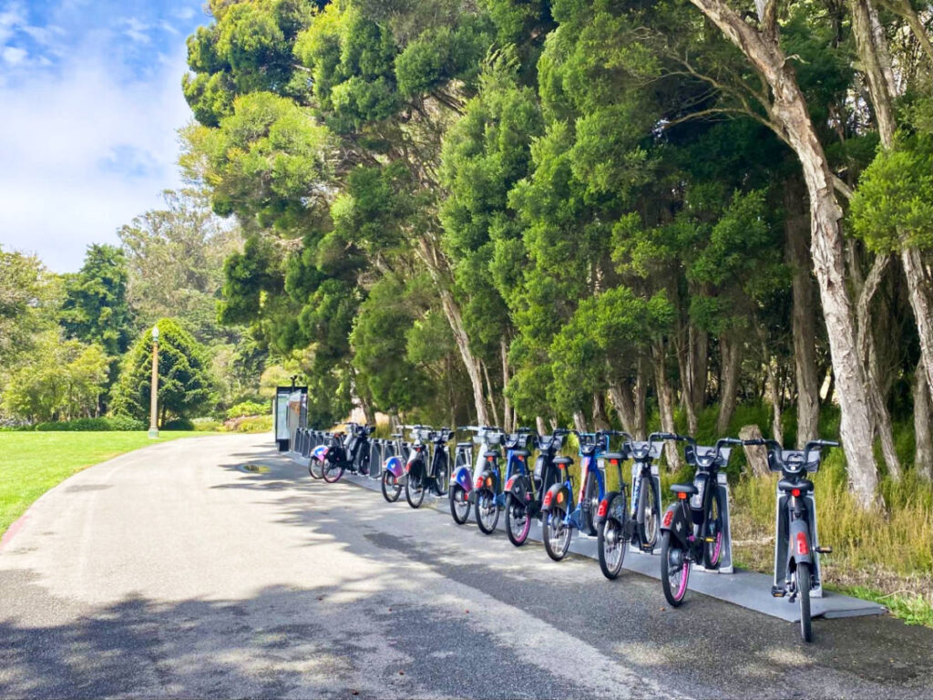 The grab Lyft bikes at the side of the road