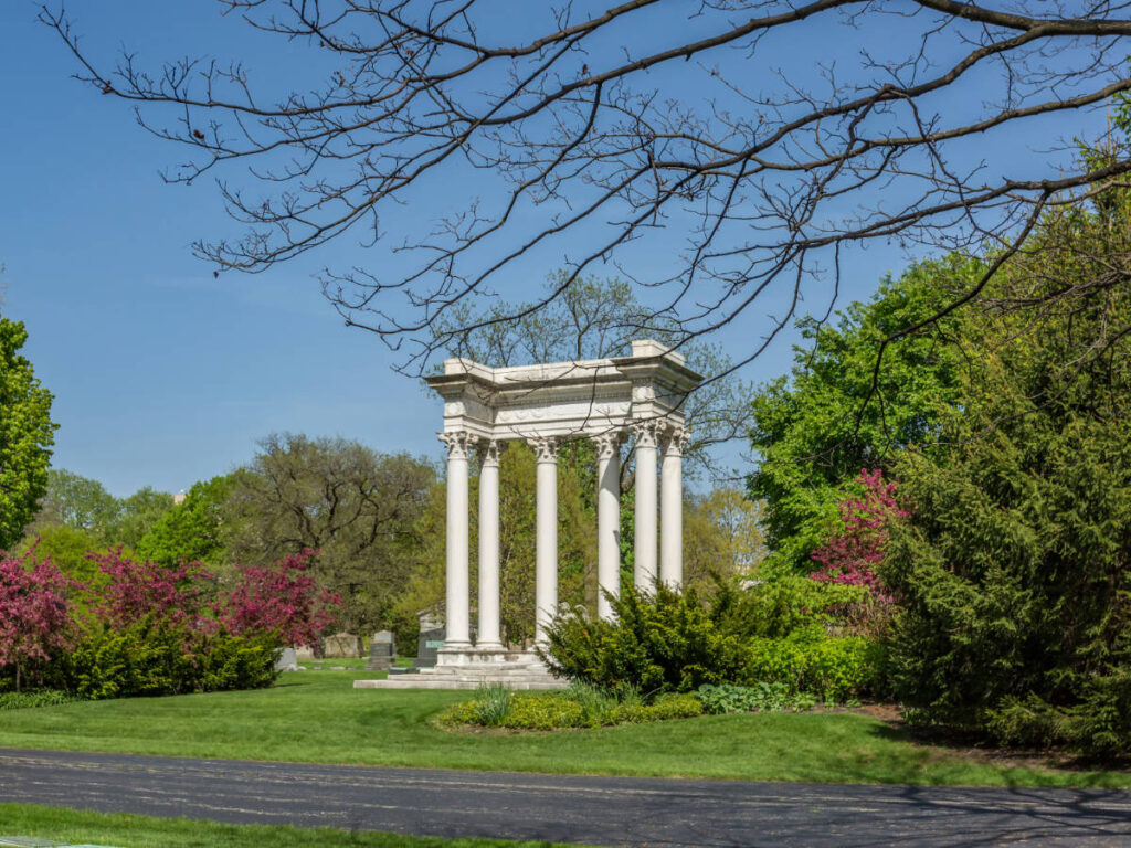 Clear blue sky over the Graceland Cemetery