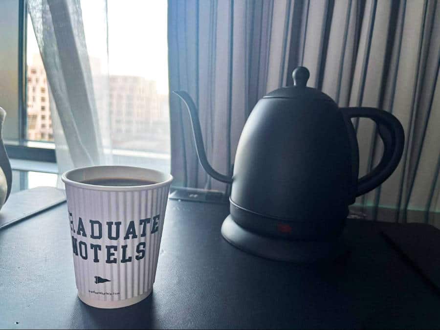 A cup of coffee in the coffee station of the hotel room