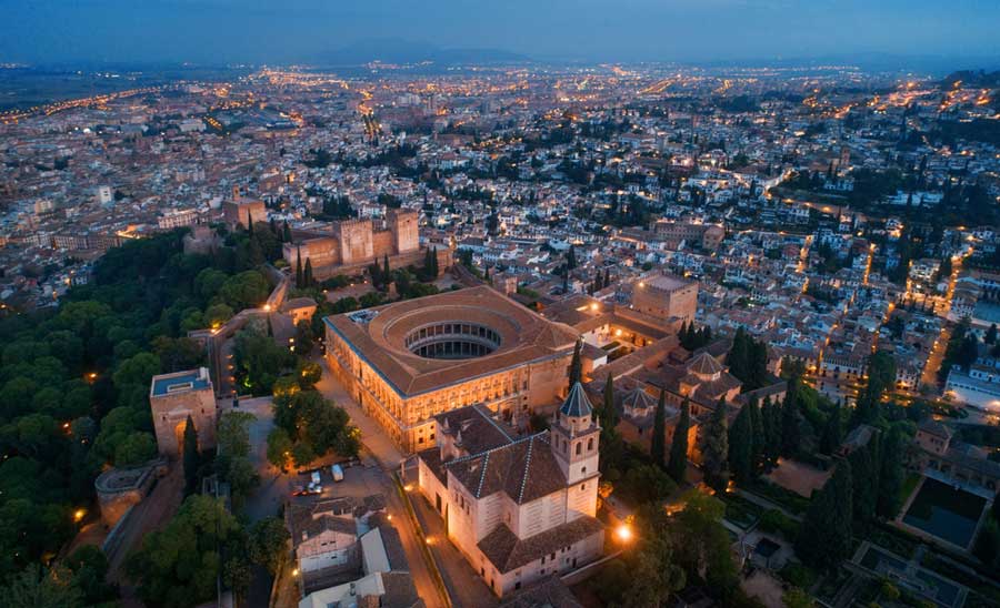 Aerial view of Granada at night